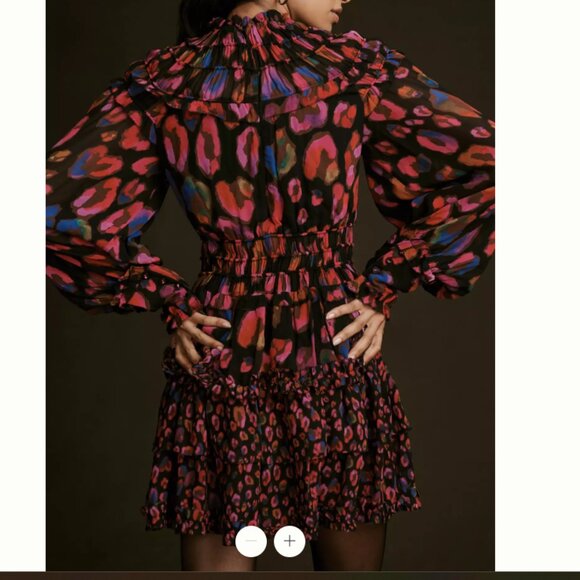 NWT FARM Rio Iridescent Leopard Print Ruffled Mini Dress Black Smocked Neck XXS - Picture 3 of 4